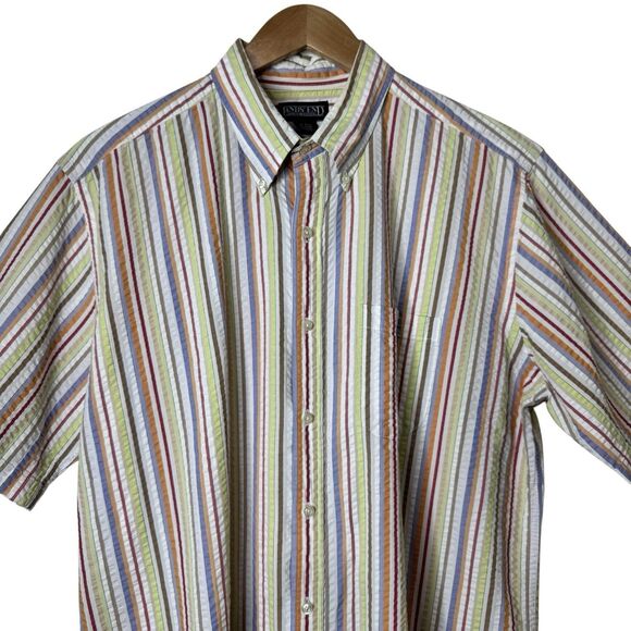 Vintage Lands End Mens XL 17-17.5 Colorful Striped Seersucker Button Down Shirt - Picture 2 of 9